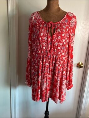 Free People Red Peasant Mini\Tunic with Floral Trim Boho Festival Gauzy M